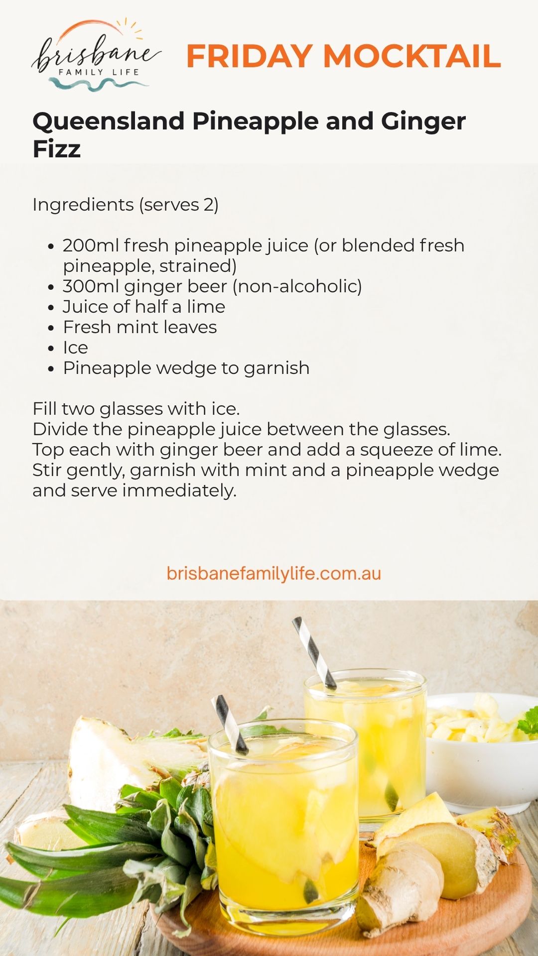 Queensland Pineapple and Ginger Fizz mocktail recipe card