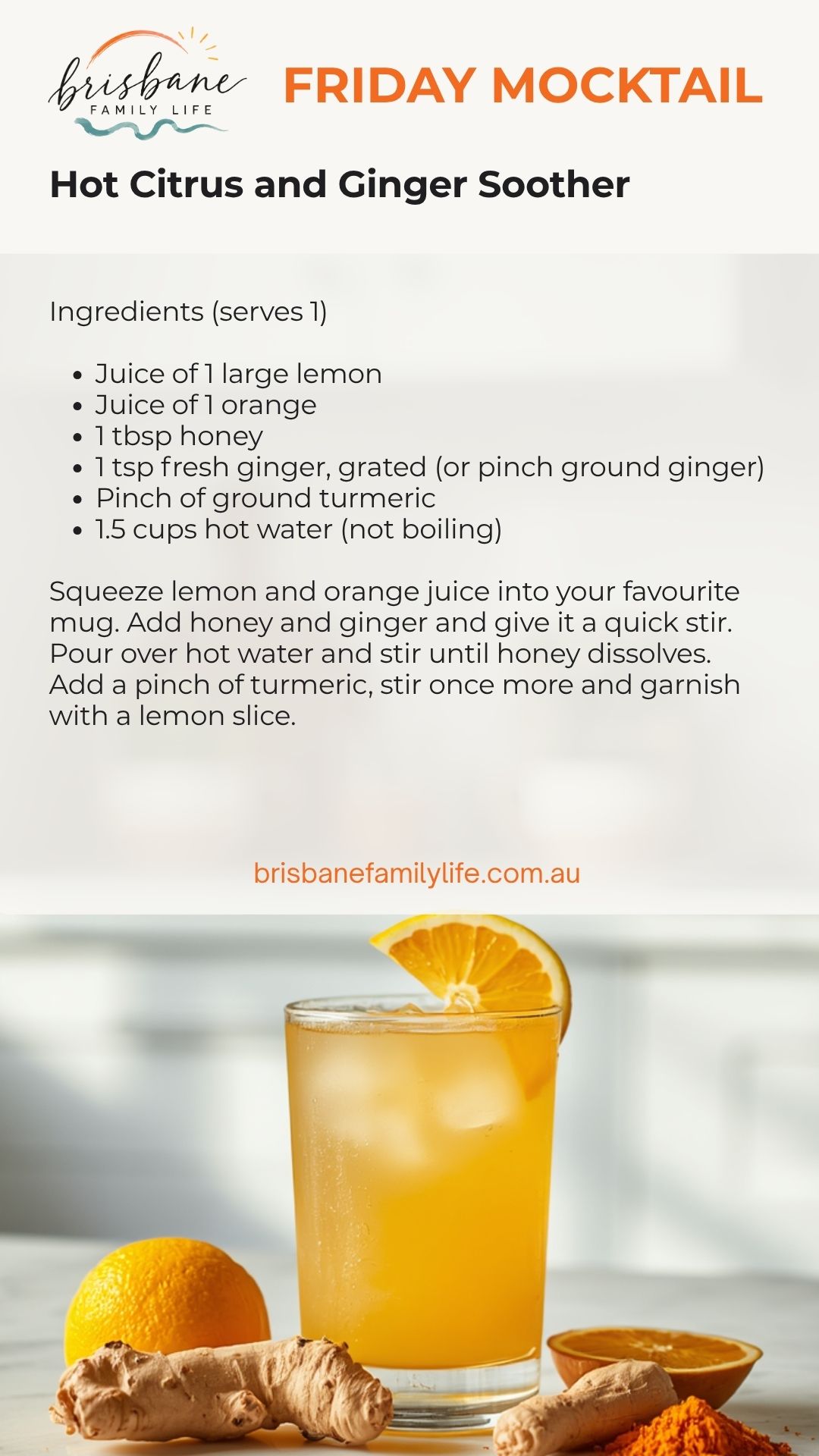 Hot Citrus and Ginger Soother mocktail recipe card