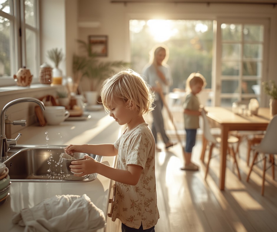Kids doing household chores together at home